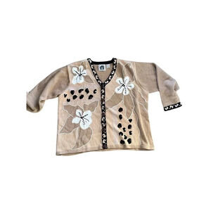 Storybook Knits Women Tan Button Down Christmas Floral Cardigan Plus Size 3X